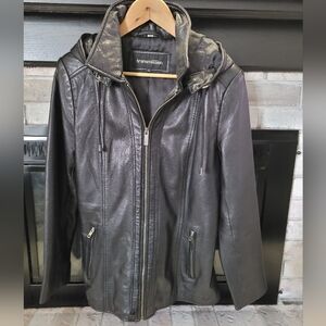 Transmission Black Leather Hooded Jacket